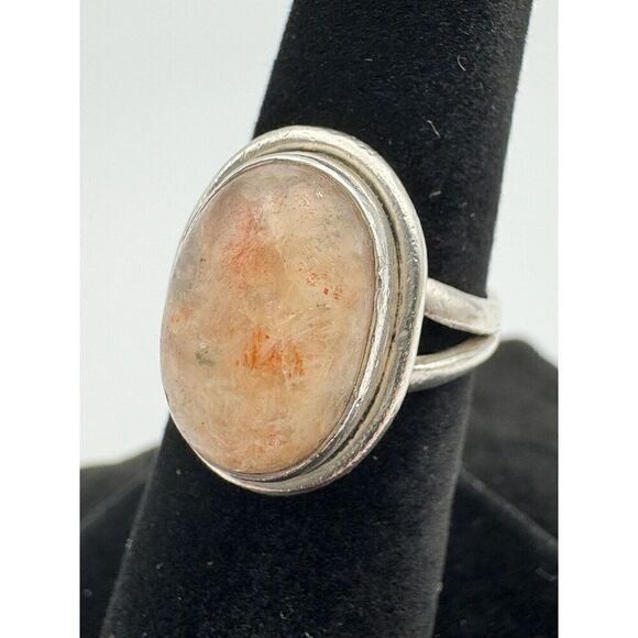 Vintage Sterling Silver Natural Stone Pale Pink Peach Cabochon Ring Size 6 - Picture 5 of 10